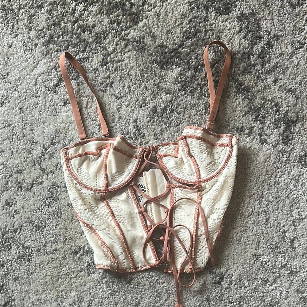 Urban Outfitters Cream and Nude Lace-Up Corset Top